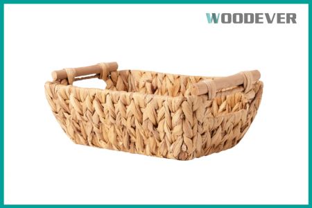 Cestas decorativas de juncos de agua con asas de madera para estantes y decoración, cestas de mimbre al por mayor. - Cestas Tejidas WOODEVER - Fábrica de Vietnam, cesta de almacenamiento rectangular tejida de 100% juncos de agua natural con dos asas de madera.