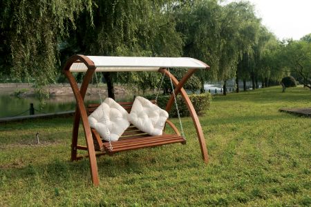 Hotel Courtyard solid Wood FSC Swing with Waterproof Composite Fabric Arc-Shaped Curved (Load 240kg) - Leisure wooden swing with shade roof