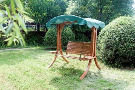 Balcony Freestanding Lightweight Solid Wood Swing with Removable UV-Resistant Canopy (Loading 240kg) - solid wood swing seat with canvas sunshade