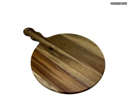 Round Wooden Serving Board with Wave Handle | WOODEVER Vietnam Manufacturer - We are a BSCI-certified homeware manufacturer based in Vietnam, specializing in high-quality, sustainable, and aesthetically pleasing wooden cutting boards for global B2B buyers.