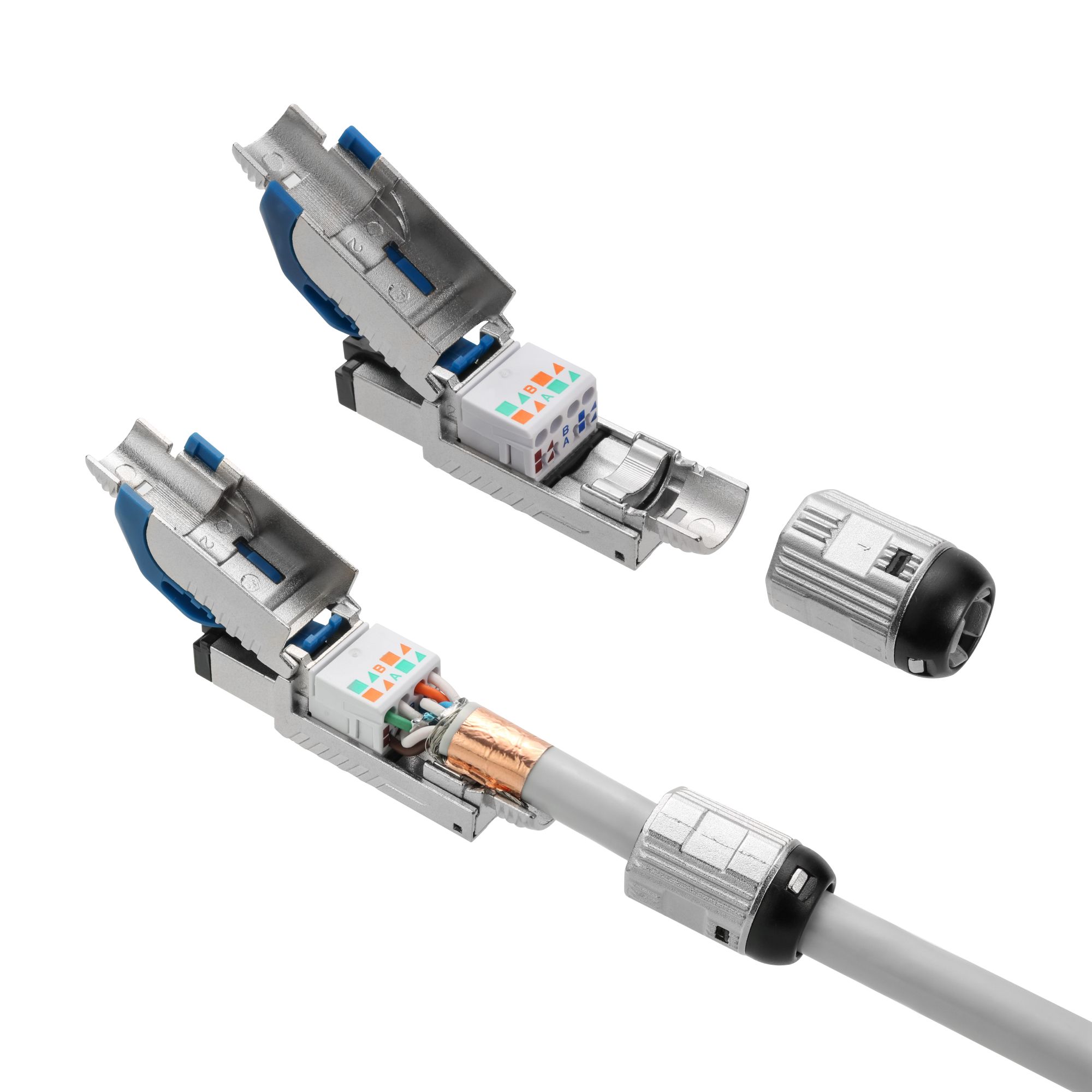 ปลั๊กเชื่อมต่อฟิลด์ RJ45 Cat6A ที่มีการป้องกันสีพร้อมบูตที่ติดตั้งด้วย ...