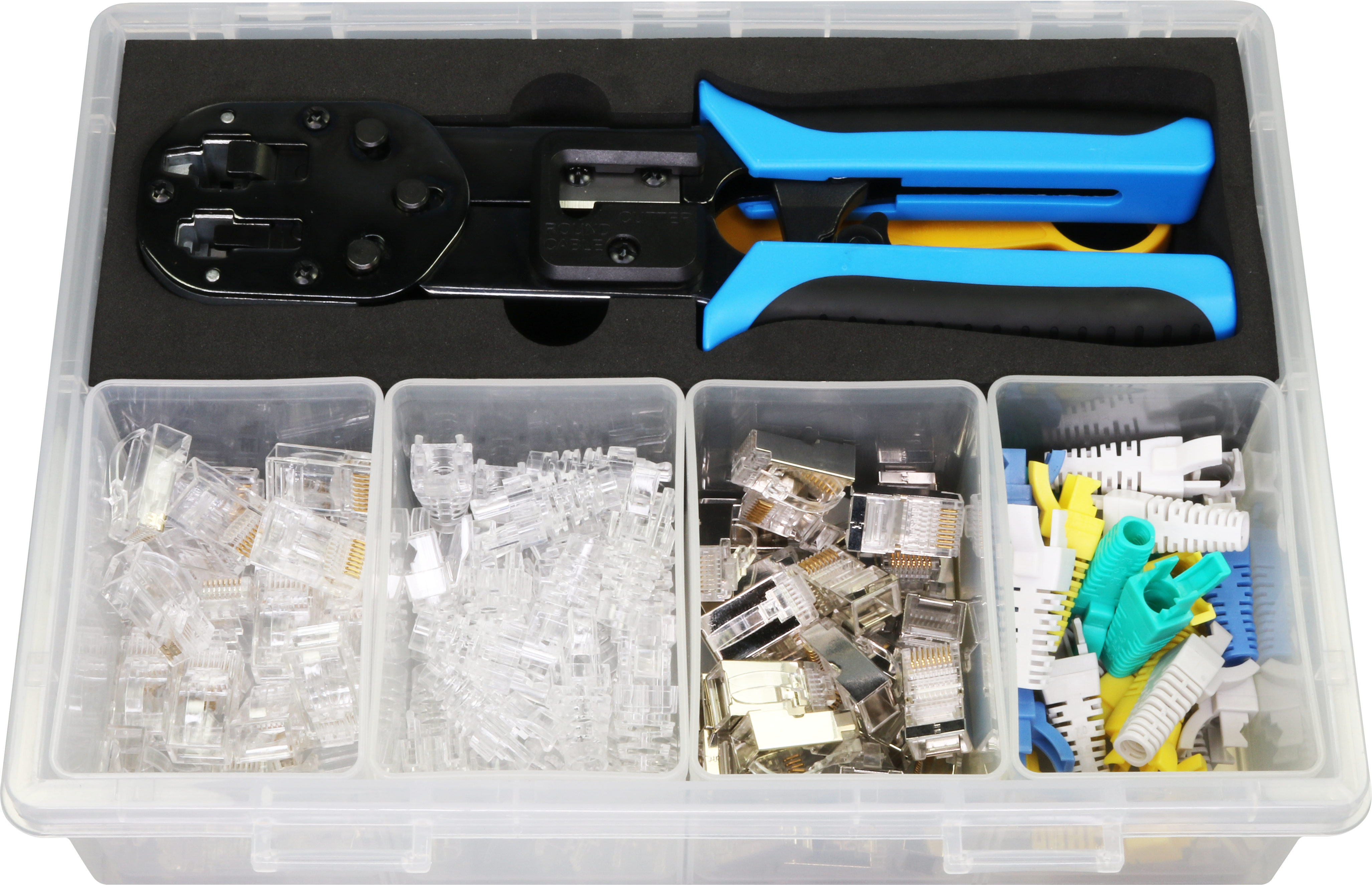 Una herramienta que combina un engarzador y un pelacables en un kit