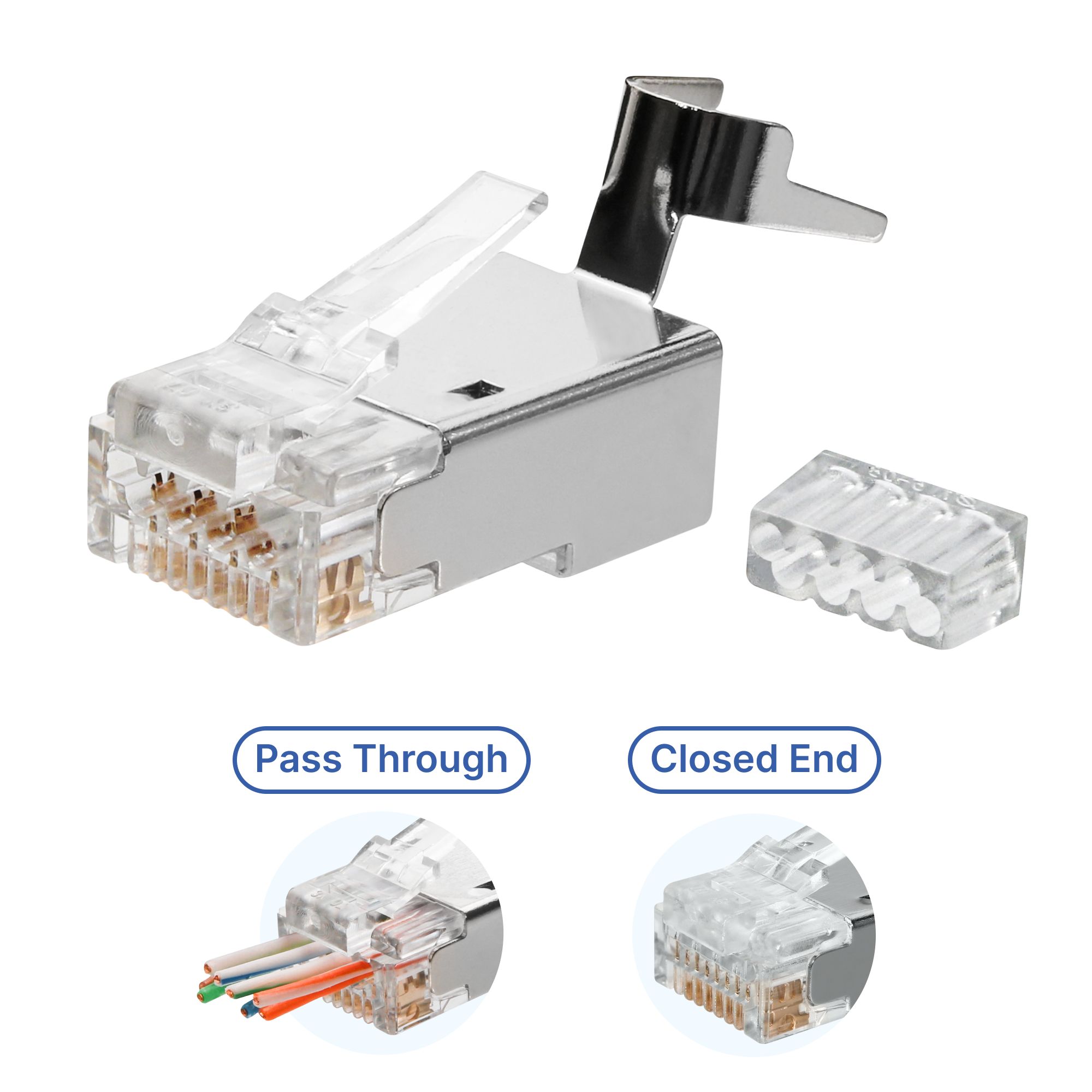 Cat 6A STP Large Diameter RJ45 Plug Pass Through Closed End EXW Cat 6A STP Large Diameter RJ45 Plug Pass Through Closed End EXW