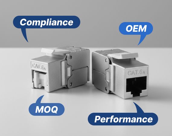AJ83 Cat6A/Cat6 STP 180° Jack Keystone sin herramientas FAQ con personalización OEM/ODM, cumplimiento de estándares y soluciones de cableado estructurado
