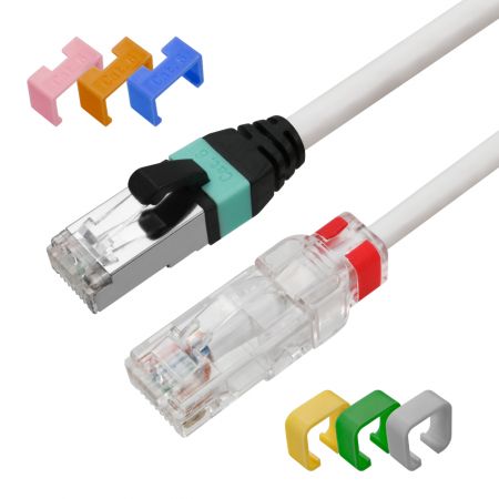 Cable de conexión de parche Cat.6 UTP de 28 AWG con bota de enchufe corto y clips de codificación de colores intercambiables