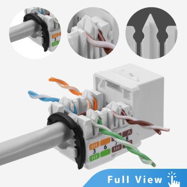 Conector Keystone RJ45 con soporte de cable ajustable y ranuras pre-adheridas