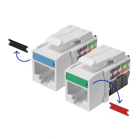 Conector Keystone Cat6 / Cat5E de 90 grados con clips de codificación de colores