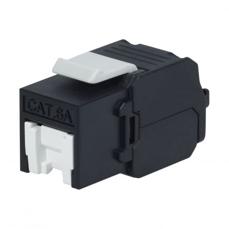 Cat.6A UTP 180 Degree Toolless Keystone Jack With Shutter, Black - Shuttered Cat 6A UTP 180 Degree Toolless 8P8C Outlet