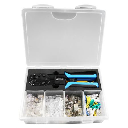 کیت ابزار چند منظوره RJ45 - جعبه ابزار شامل ابزار فشردهسازی، تخته برش سیم، اتصالدهنده اترنت، پوشش پلاگ
