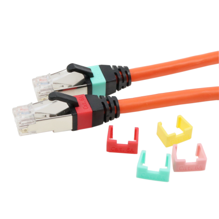 Cabo de remendo Cat.6A S/FTP 26 AWG 10G com clips de codificação de cores intercambiáveis - Cabo de remendo RJ45 SFTP Cat 6A 10G 26AWG com clips