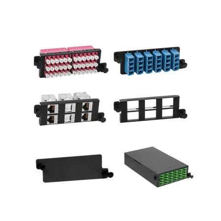 Front view of 1U 4-slot UHD fiber patch panel setup