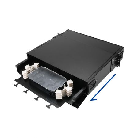 Rear view of 1U bi-directional slide fiber drawer showing splice trays and spools