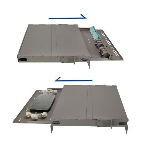 Rear view of 1U bi-directional slide fiber drawer showing splice trays and spools