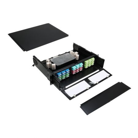 Exploded view of 3-slot LGX fiber patch panel showing modular internal structure