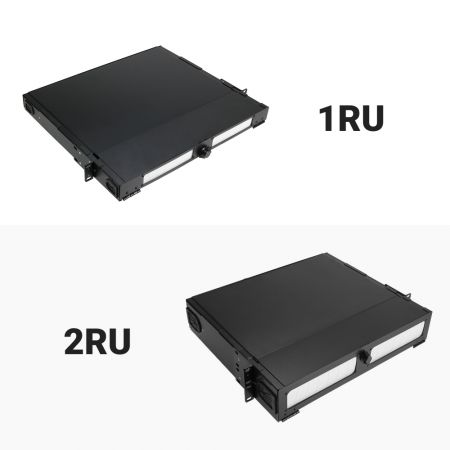 Comparison of 1U and 2RU rack mount fiber patch panels with transparent ID windows