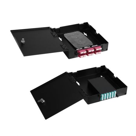 Medium wall mount patch panel with dual HD adapter plates and key-locked door