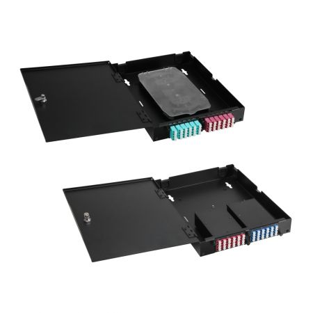 Small wall mount fiber patch panel showing neat cable management