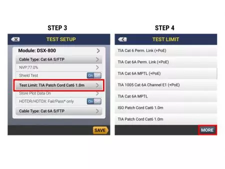 3. Kies de testlimiet op de Fluke Cable Analyzer