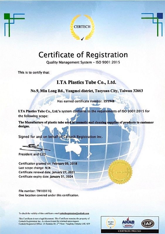 I.TA là nhà sản xuất ống đóng gói mỹ phẩm đạt chứng nhận ISO9001.