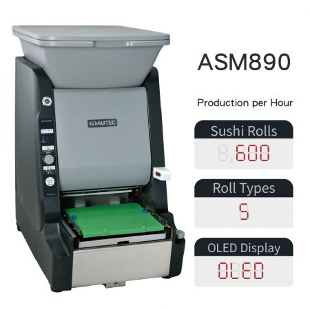 Macchina per rotoli di sushi (Maki Maker) - L'AUTEC ASM890 è una macchina per sushi roll commerciale completamente automatica che completa un maki roll di qualità professionale in soli 6 secondi. Presenta un'intelligente rilevazione SMD e una tecnologia di sollevamento NUW per una consistenza soffice simile a quella artigianale. Perfetta per la produzione ad alto volume di norimaki tradizionali, roll inside-out e sushi a forma di fiore.