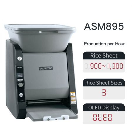 उच्च गति चावल शीट मशीन (माकी मेकर) - AUTEC ASM895 एक उच्च गति का व्यावसायिक चावल शीट बनाने की मशीन (माकी मेकर) है। ASM865 का उत्तराधिकारी, यह प्रति घंटे 1,300 समान चावल की शीट्स का उत्पादन करता है जिसमें ऑटो-आपूर्ति कार्य, OLED नियंत्रण, शून्य टेफ्लॉन कोटिंग, और उत्कृष्ट गर्मी बनाए रखने की क्षमता है - जो माकी रोल, अंदर-बाहर रोल, और फूल सुशी के लिए आदर्श है।