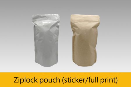 ジップロックポーチ用には、120gから1,250gのサプリメントの包装に適した白いアルミホイルとクラフトアルミホイルの材料を提供しています。片面ステッカーのMOQは1,000、全面印刷ステッカーのMOQは3,000です。