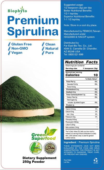 Fakty dotyczące odżywczych właściwości proszku z premium spiruliny