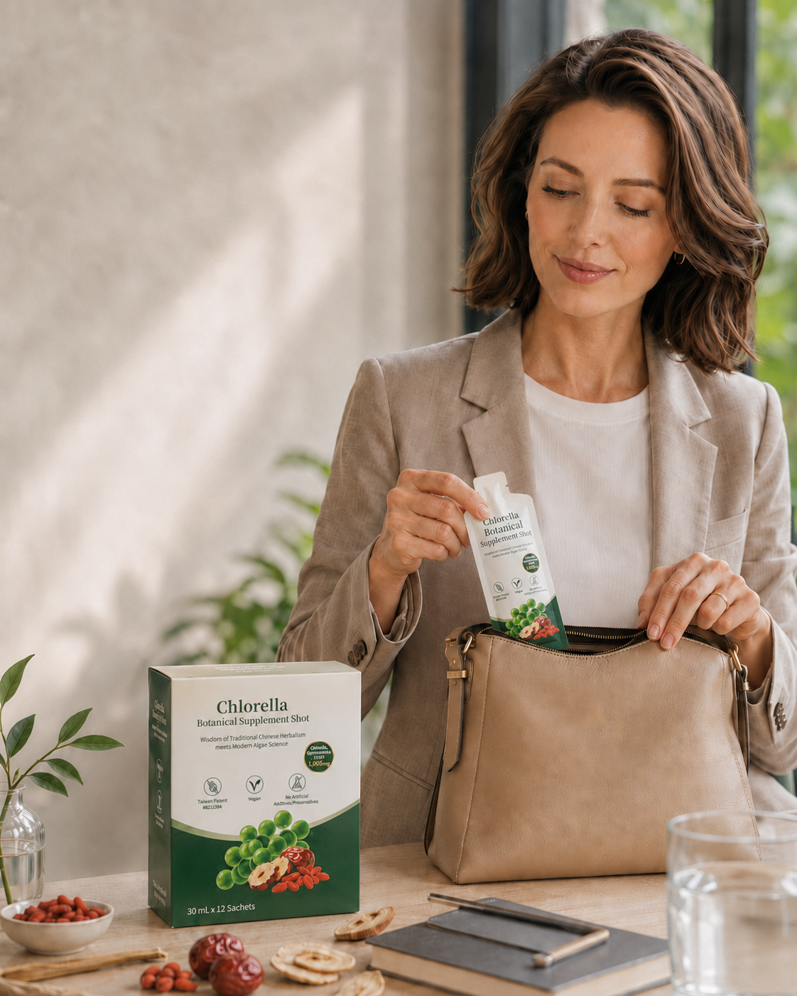 Chlorella botanický doplněk ve formě shotu jako pohodlná součást každodenní rutiny