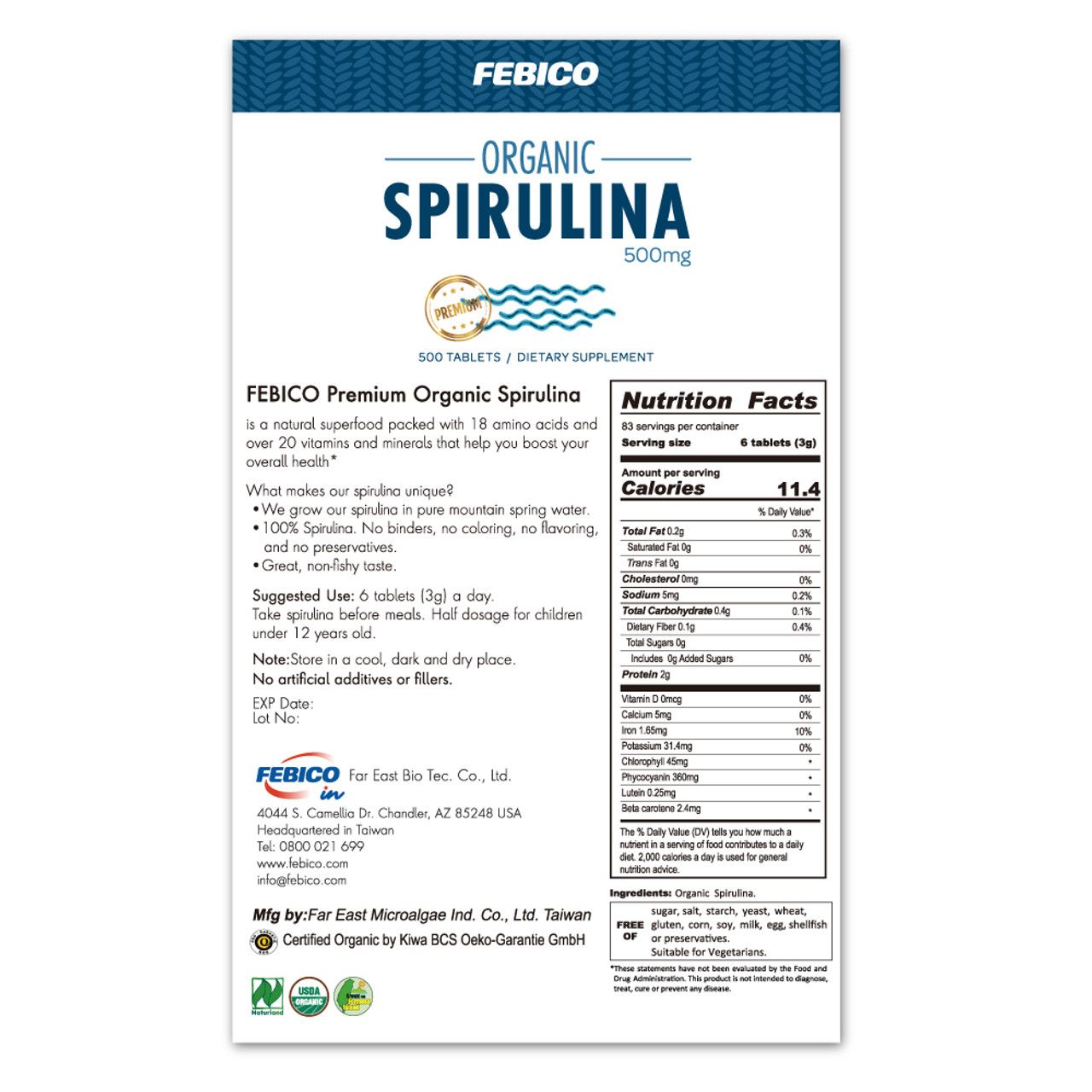 Febico Organic Spirulina 500mg Tablets (250g) Private Label Certified