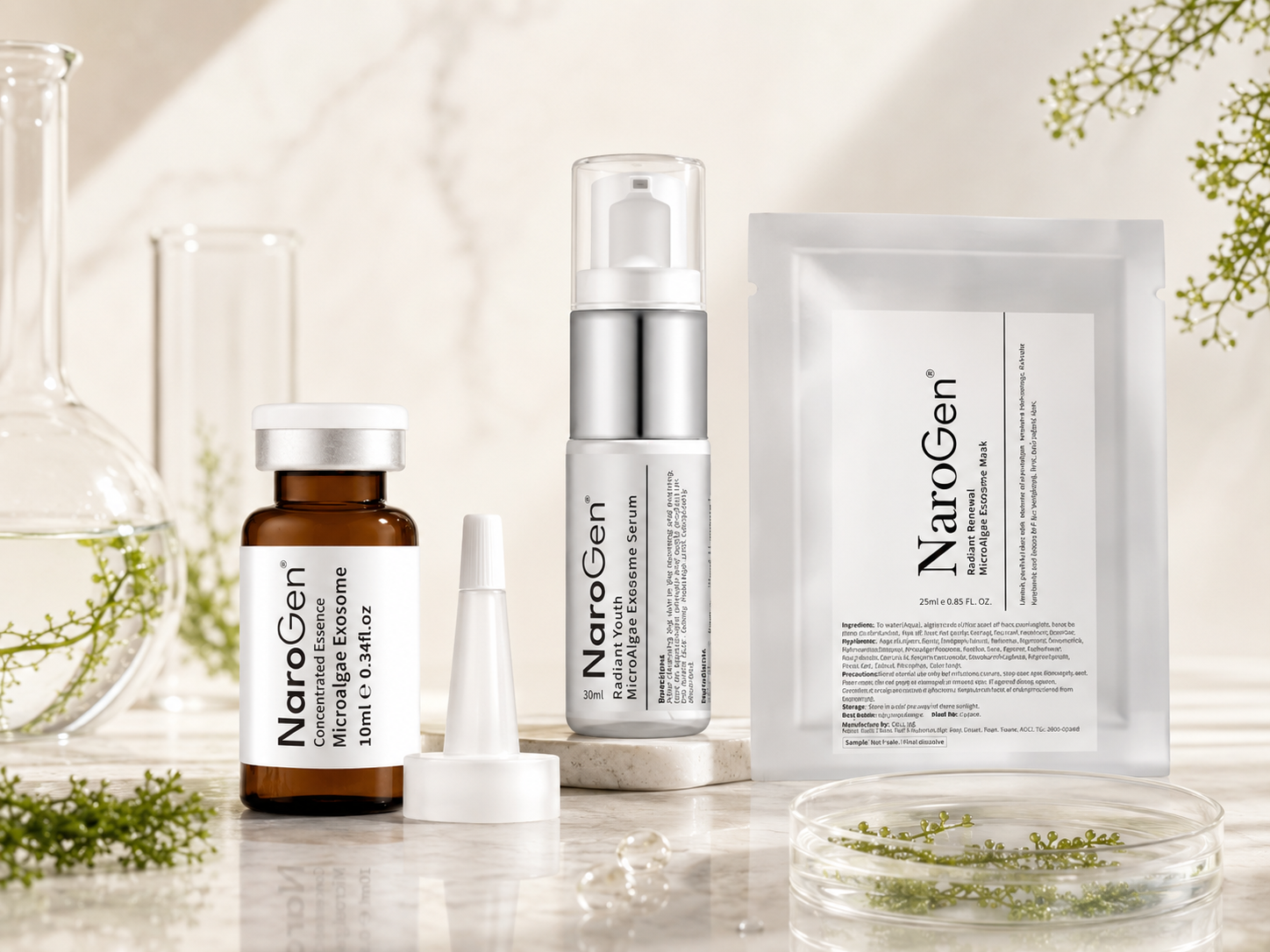 Produtos de cuidados com a pele de essência, sérum e máscara de exossomos de microalgas da Narogen