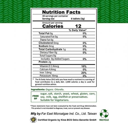 Organic Chlorella 500mg Nutrition Facts