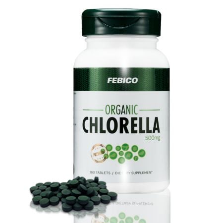 Tablete de Chlorella organică Febico de 500 mg - Comprimate de Chlorella organică cu perete celular spart Febico