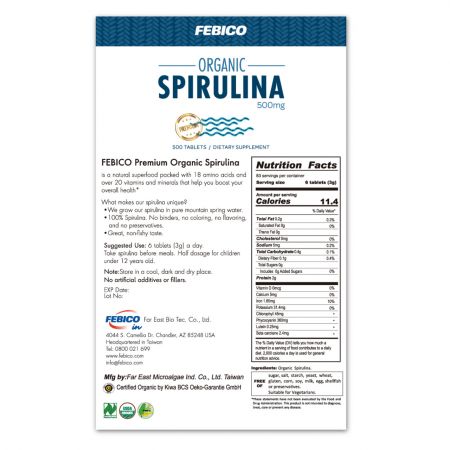 Organic Spirulina 500 tablets Nutrition Facts