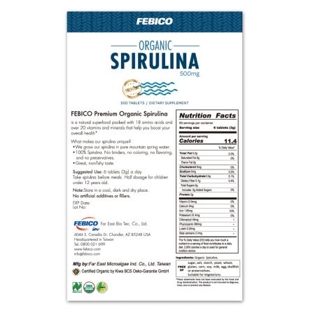 ข้อมูลทางโภชนาการของ Organic Spirulina 500 เม็ด