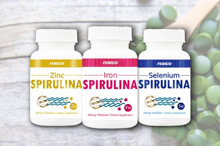 微量元素/ミネラルが豊富なスピルリナ - Febicoは、スピルリナ青緑藻から補給された亜鉛、鉄、セレンを含む栄養補助食品