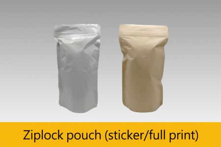 For ziplock pouches, we have white aluminum foil and kraft aluminum foil material that can fit 120g~1250g of supplement. MOQ for one-side sticker is 1,000 and for fully print sticker is 3,000. 