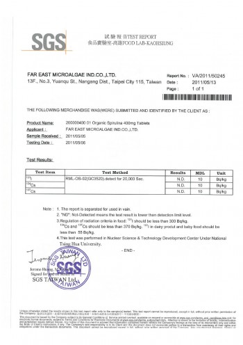 SGS radiation test report of Organic Spirulina