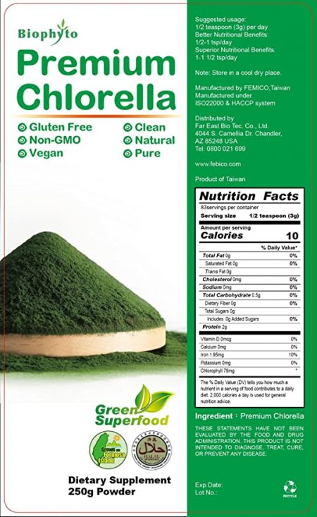 Výživové údaje o prášku Premium Chlorella