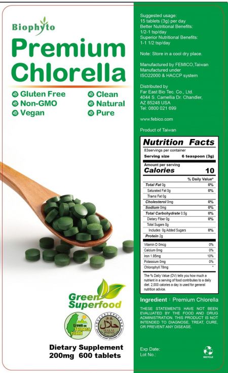 Výživové údaje o tabletách Premium Chlorella