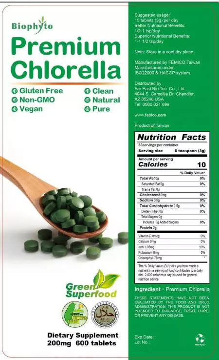 Výživové údaje o tabletách Premium Chlorella