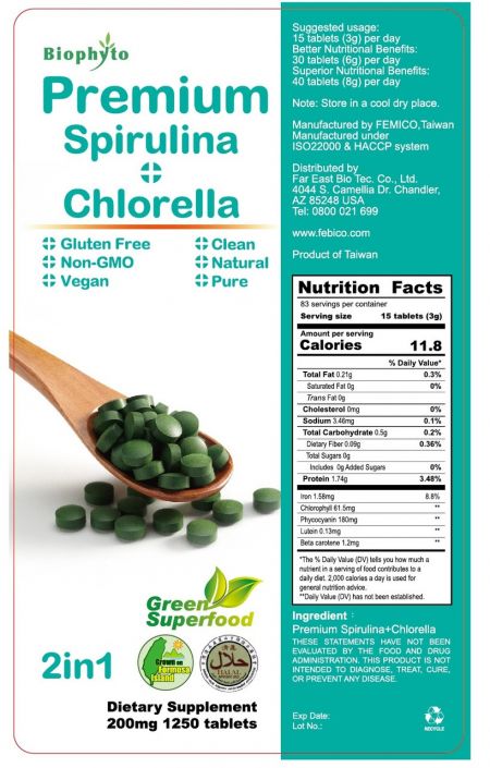 Fatti nutrizionali delle compresse di Spirulina Chlorella Premium
