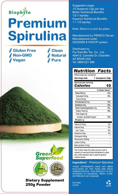 Fakta o výživě prášku Premium Spirulina