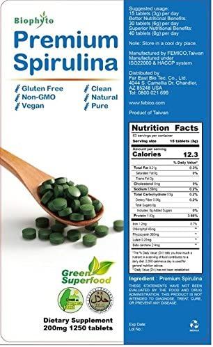Fakta o výživě v tabletách Premium Spirulina
