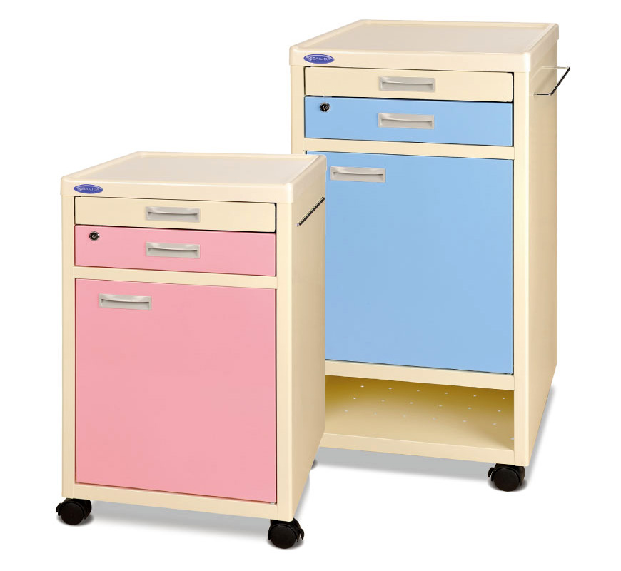 Klassischer Krankenhausnachttisch auf Rollen, Pink / Blau - Krankenhausnachttische | Hersteller von medizinischen Wagen und medizinischen Nachttischen