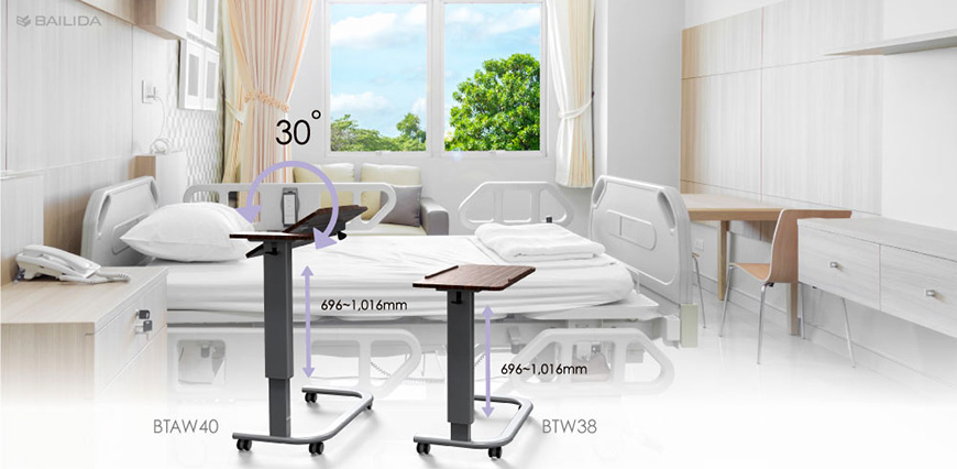 Caractéristique du produit pour la table de lit en bois à plateau basculant sur roulettes.