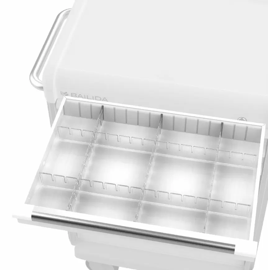 Drawer divider system for medical cart and trolley.