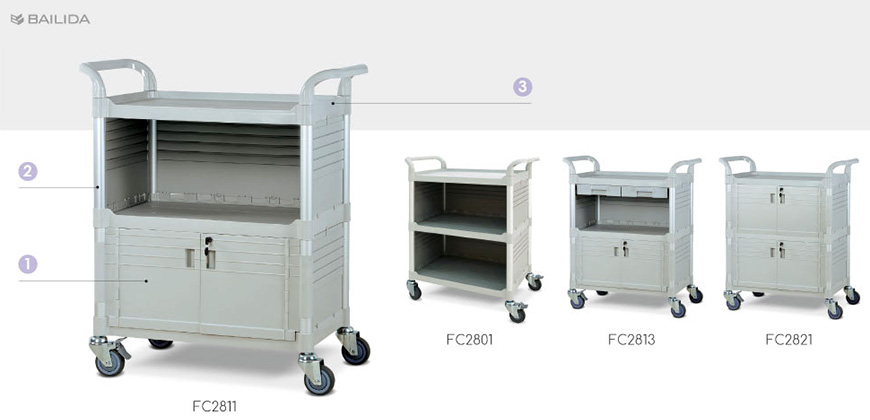 BAILIDA lightweight transport cart features closed shelving option.