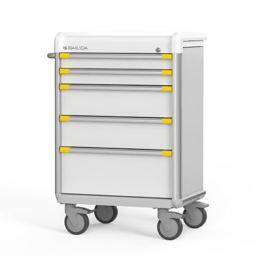 Wózek izolacyjny wyposażony w dużą szufladę do przechowywania i zabezpieczania osobistego sprzętu ochronnego personelu medycznego.
