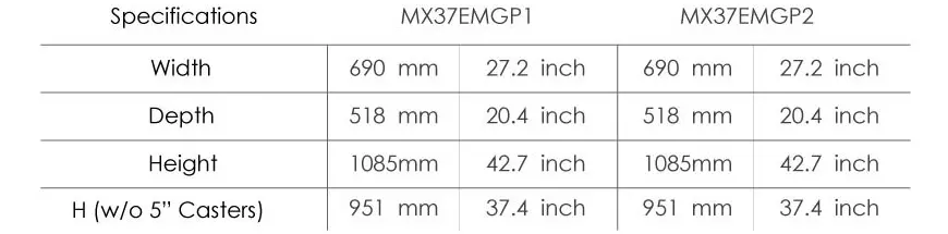 Full specification of the MX Series crash cart for pediatric unit.