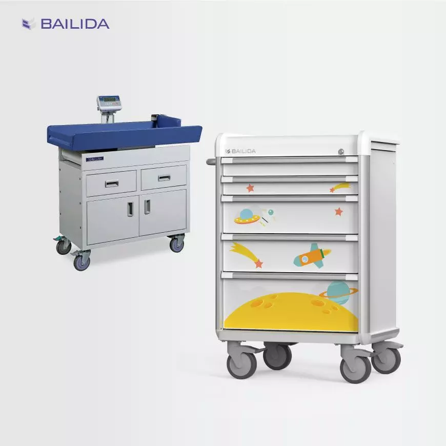 Troli Medis Pediatrik dan Meja Pemeriksaan untuk perawatan anak yang efisien dan aman di klinik.